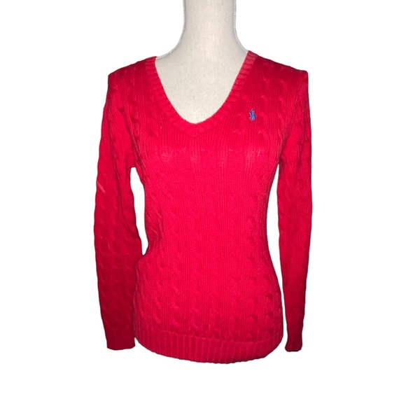 Ralph Lauren Sport Sweaters - Ralph Lauren Sport Women’s V-Neck Cable Knit Sweater Red Size Medium 100% Cotton